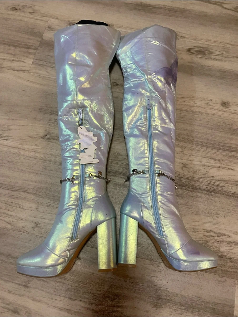 Sparkl Fairy Couture Iridescent Knee-High Platform Boots with Heart Chain- NWT